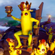 An anthropomorphic banana man sits on a throne being carried by other banana men.